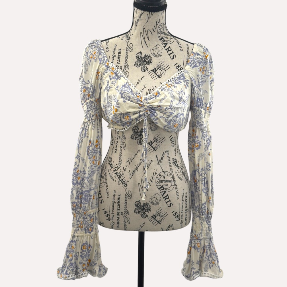 Olivaceous Floral Milkmaid Crop Top S Puff Sleeve Boho Festival Coachella Hippie